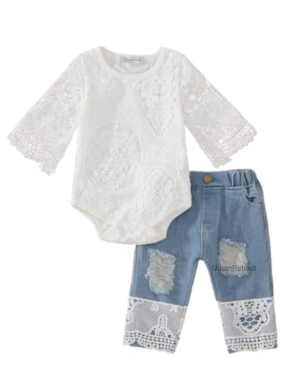 Baby Girl Romper Top Jeans Set Floral Headband 3PCS